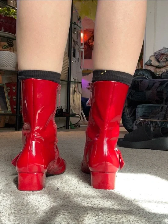 Franco Sarto Red Patent Mid-Calf Buckle Boots - Picture 7 of 9